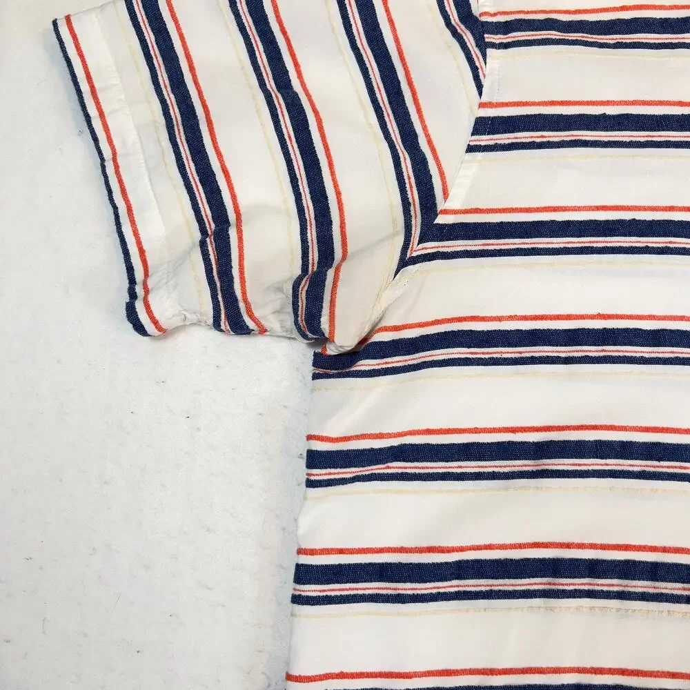 Orvis Button Shirt Men's XXL White Blue Orange Stripe Short Sleeve Linen Feel